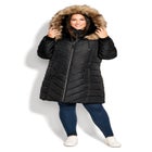 Chevron Faux Fur Hood Long Puffer Coat image number null