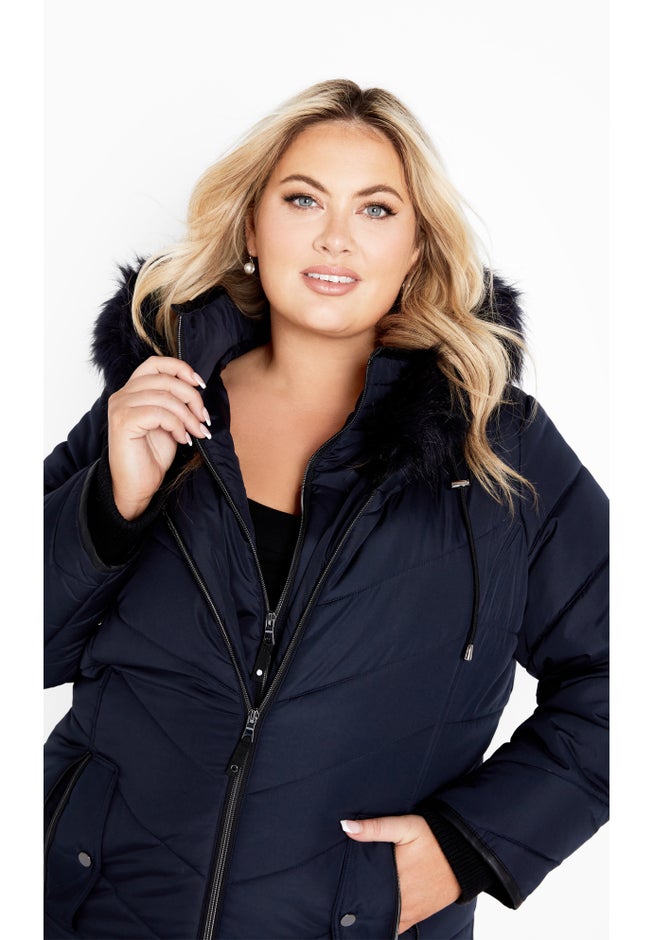 Chevron Faux Fur Hood Long Puffer Coat image number 3