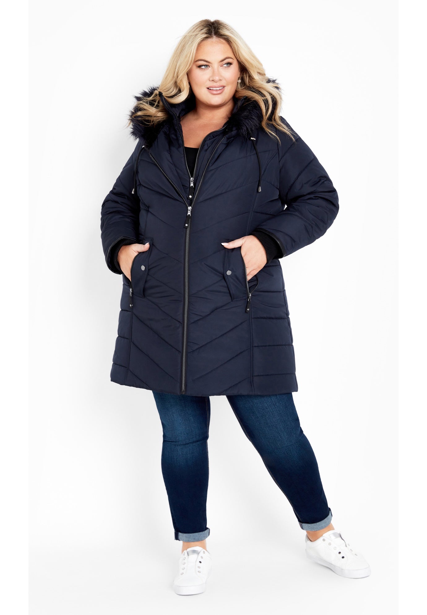 Chevron Faux Fur Hood Long Puffer Coat image number 0