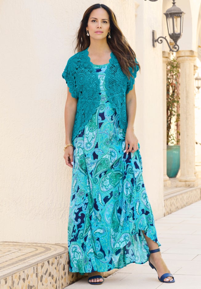 Plus Size Scallop Trim Crochet Cardigan Sweater image number 1