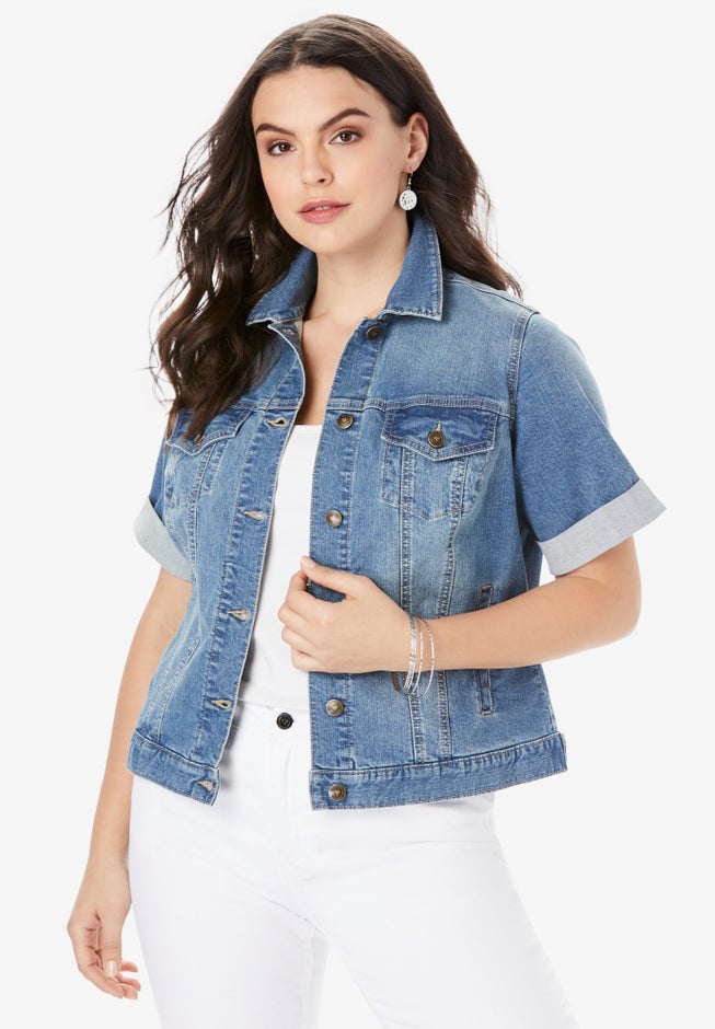 Plus Size Short-Sleeve Stretch Denim Jacket image number 0