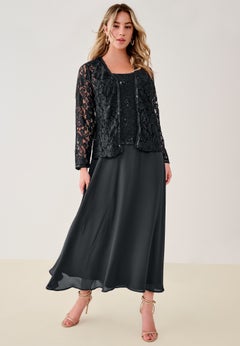 Plus-Size 2 Piece Long Sleeve Embellished Lace Jacket and Full Gown
