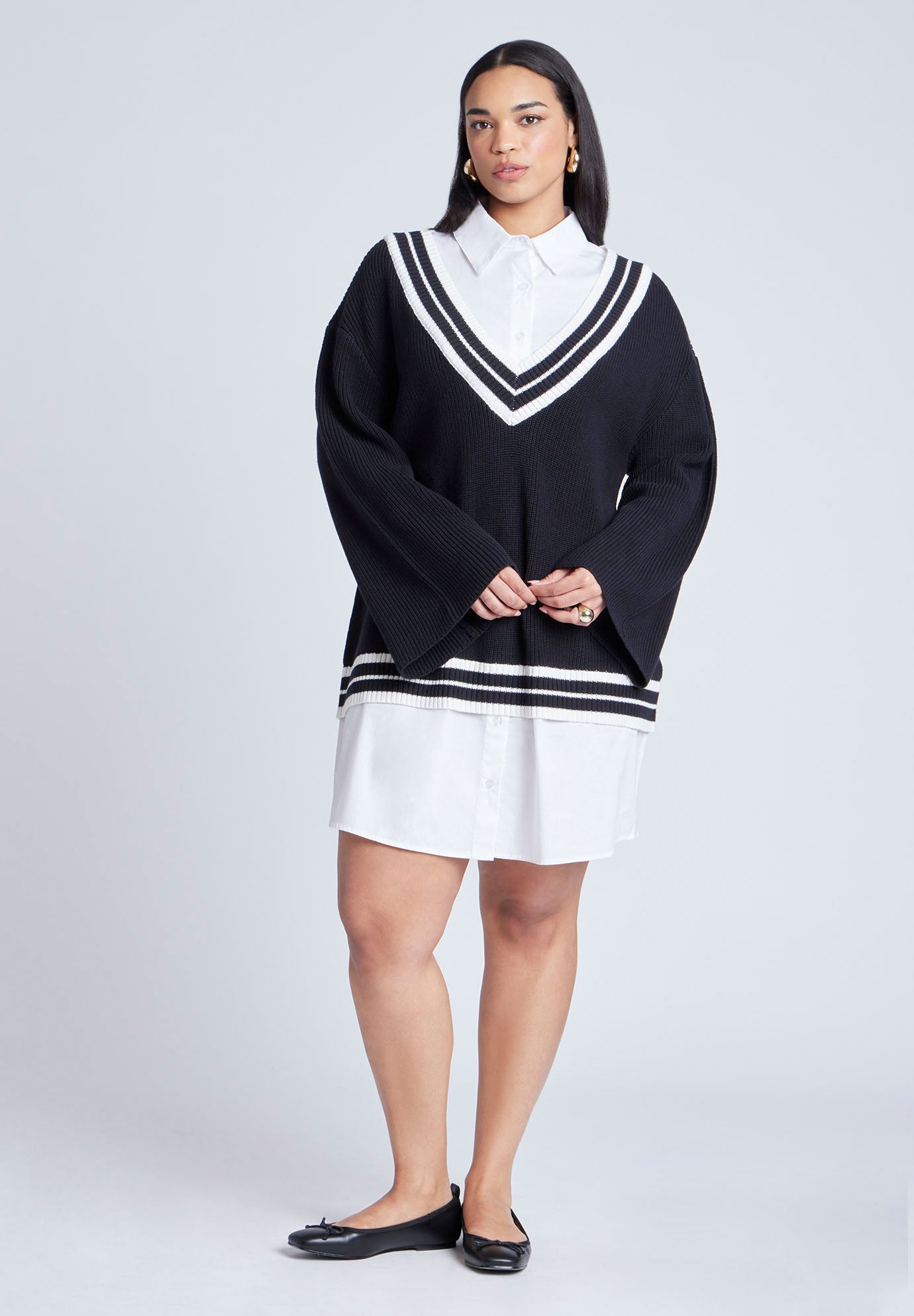 Striped Sweater Twofer Mini Shirt Dress image number 3