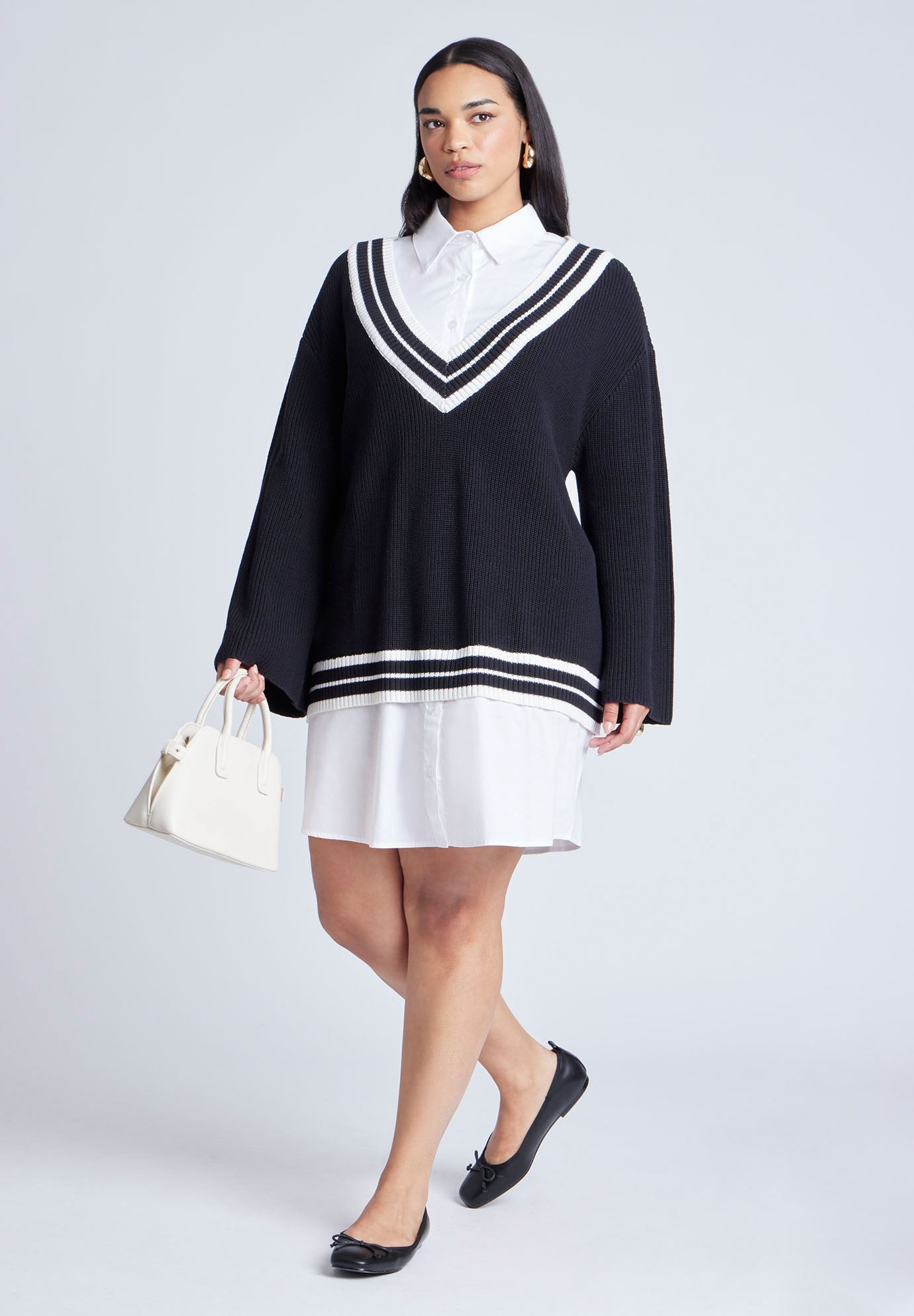 Striped Sweater Twofer Mini Shirt Dress image number 0
