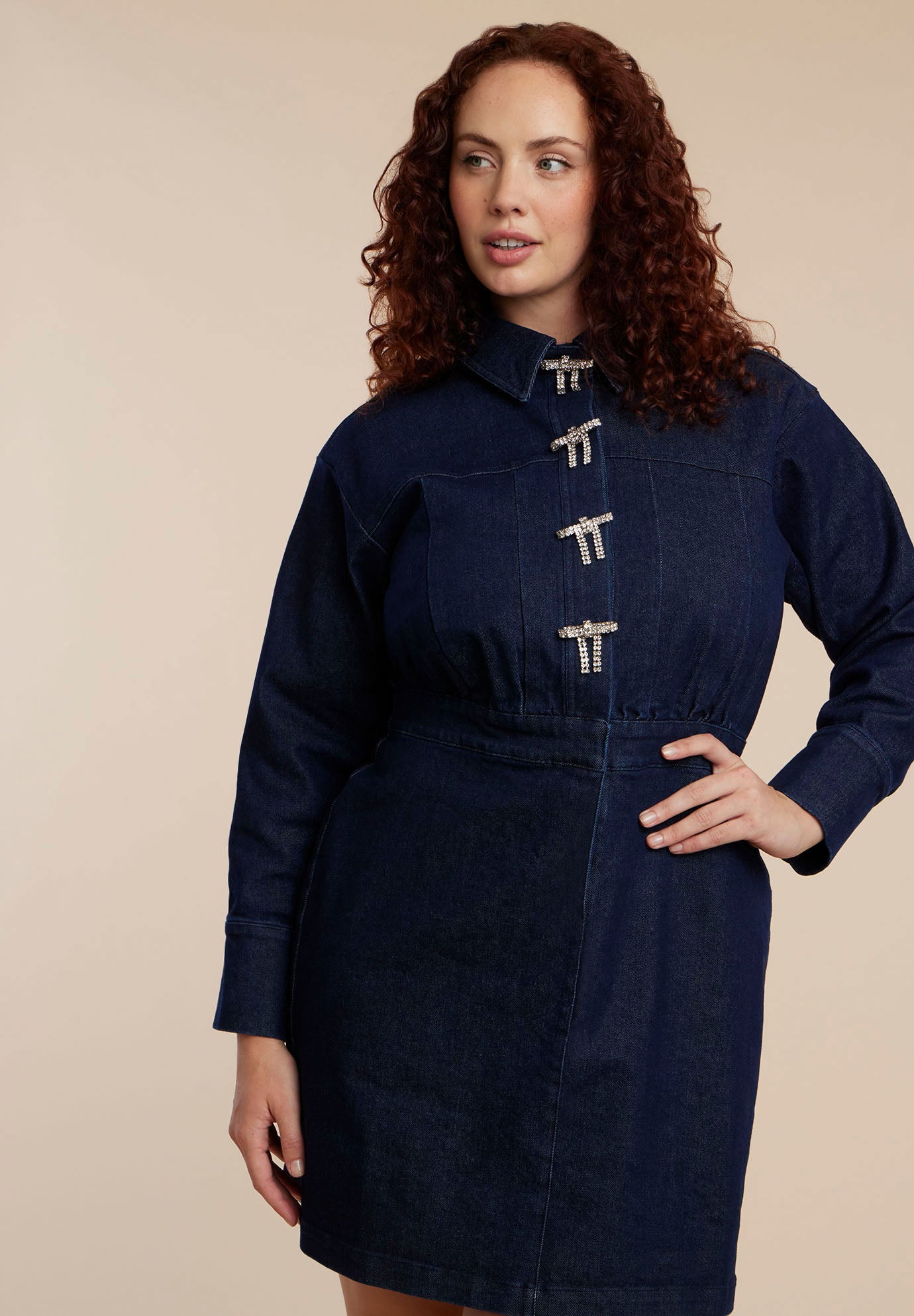 Denim Mini Dress With Rhinestone Bows image number 1