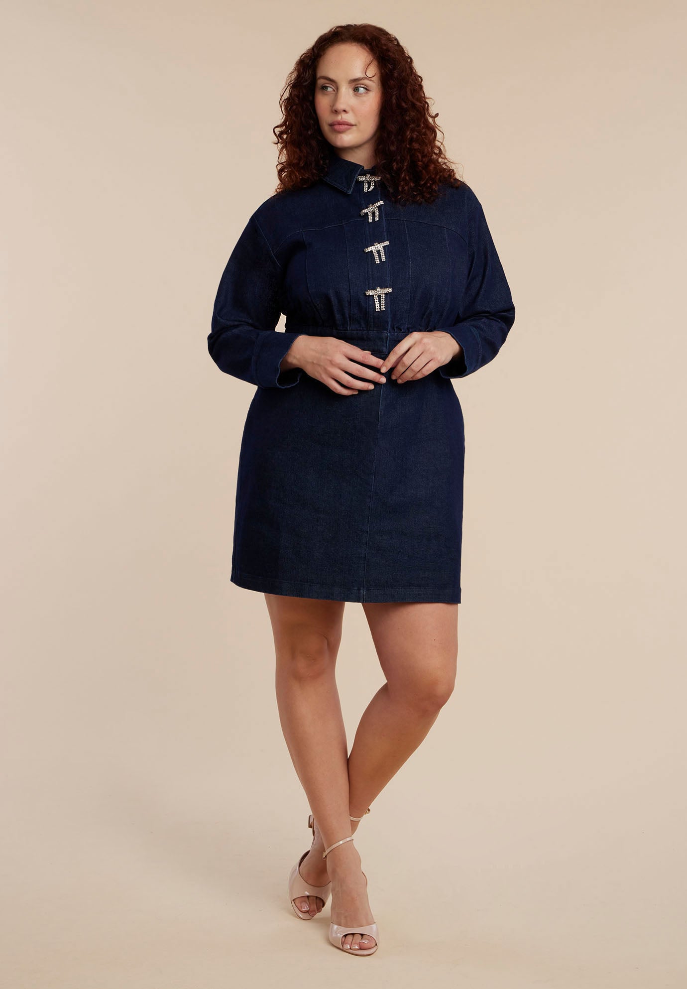 Denim Mini Dress With Rhinestone Bows image number 2