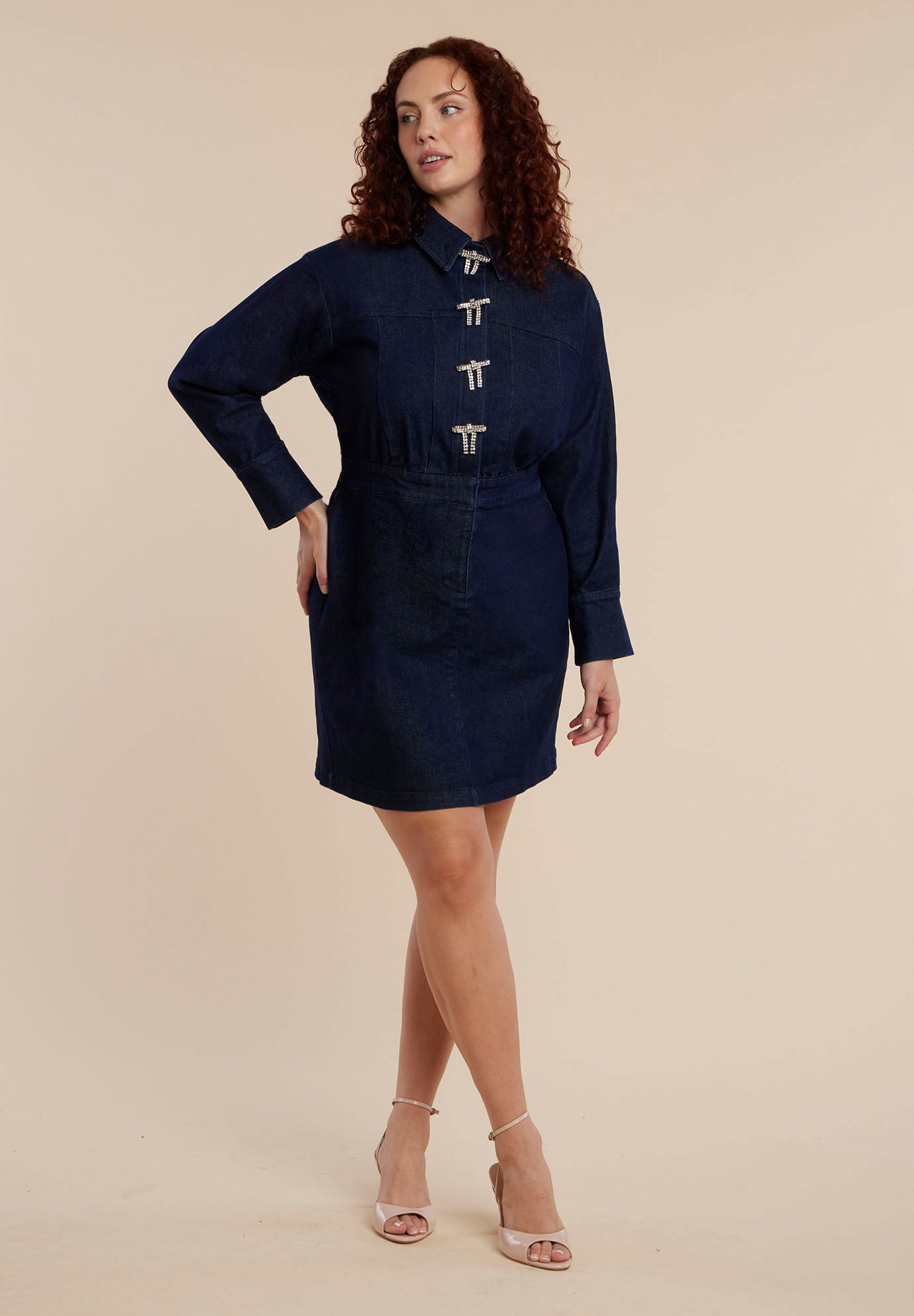 Denim Mini Dress With Rhinestone Bows image number 0