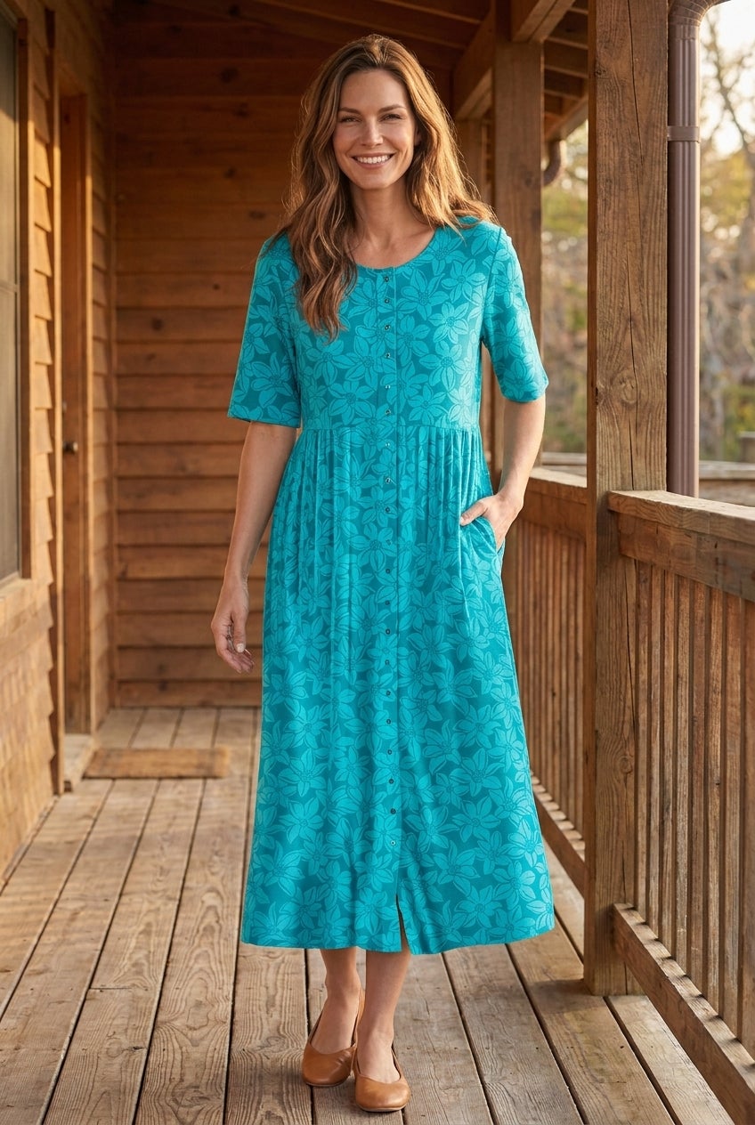 Button-Front Elbow-Sleeve Knit Dress image number 0
