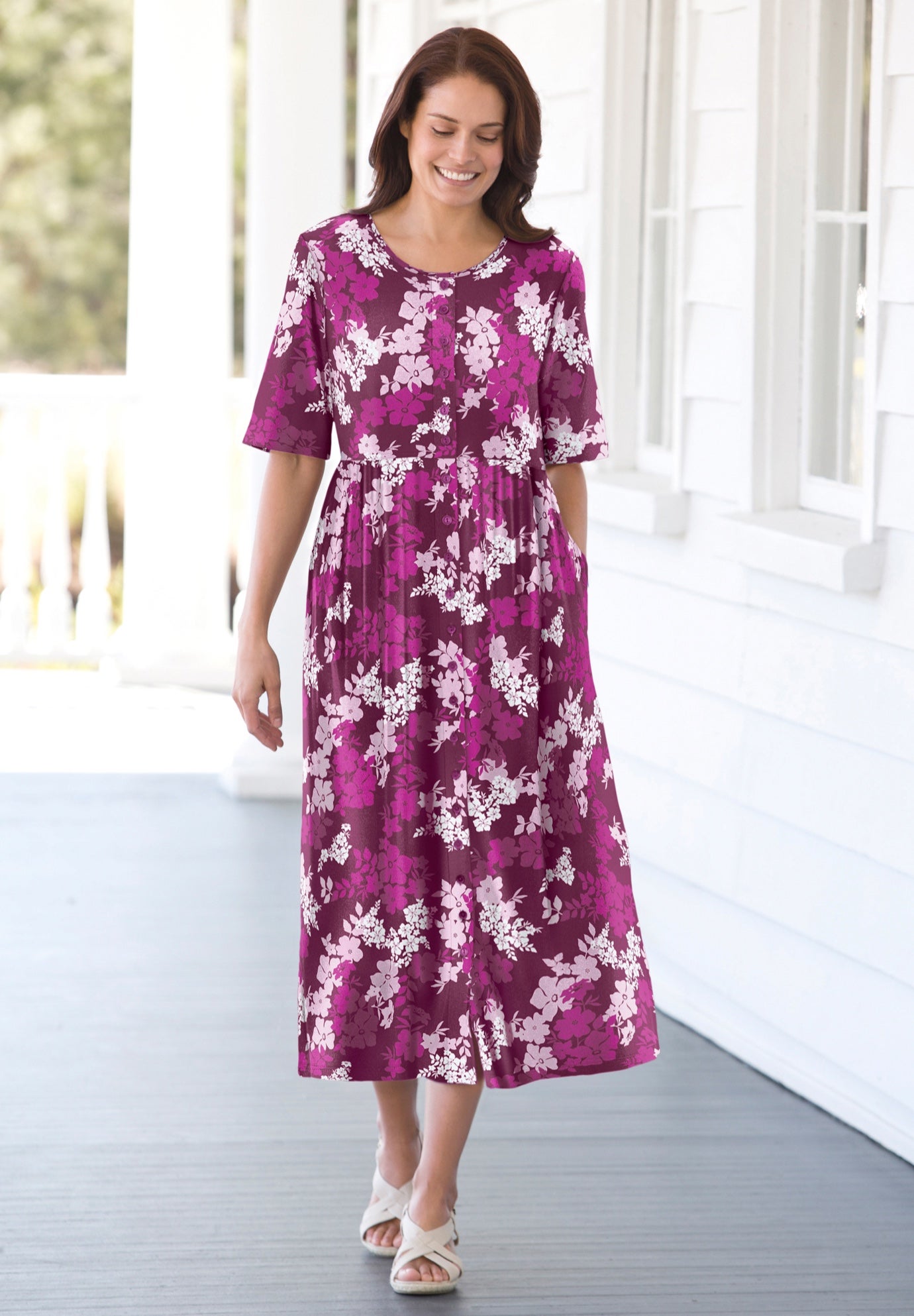 Button-Front Elbow-Sleeve Knit Dress image number 0