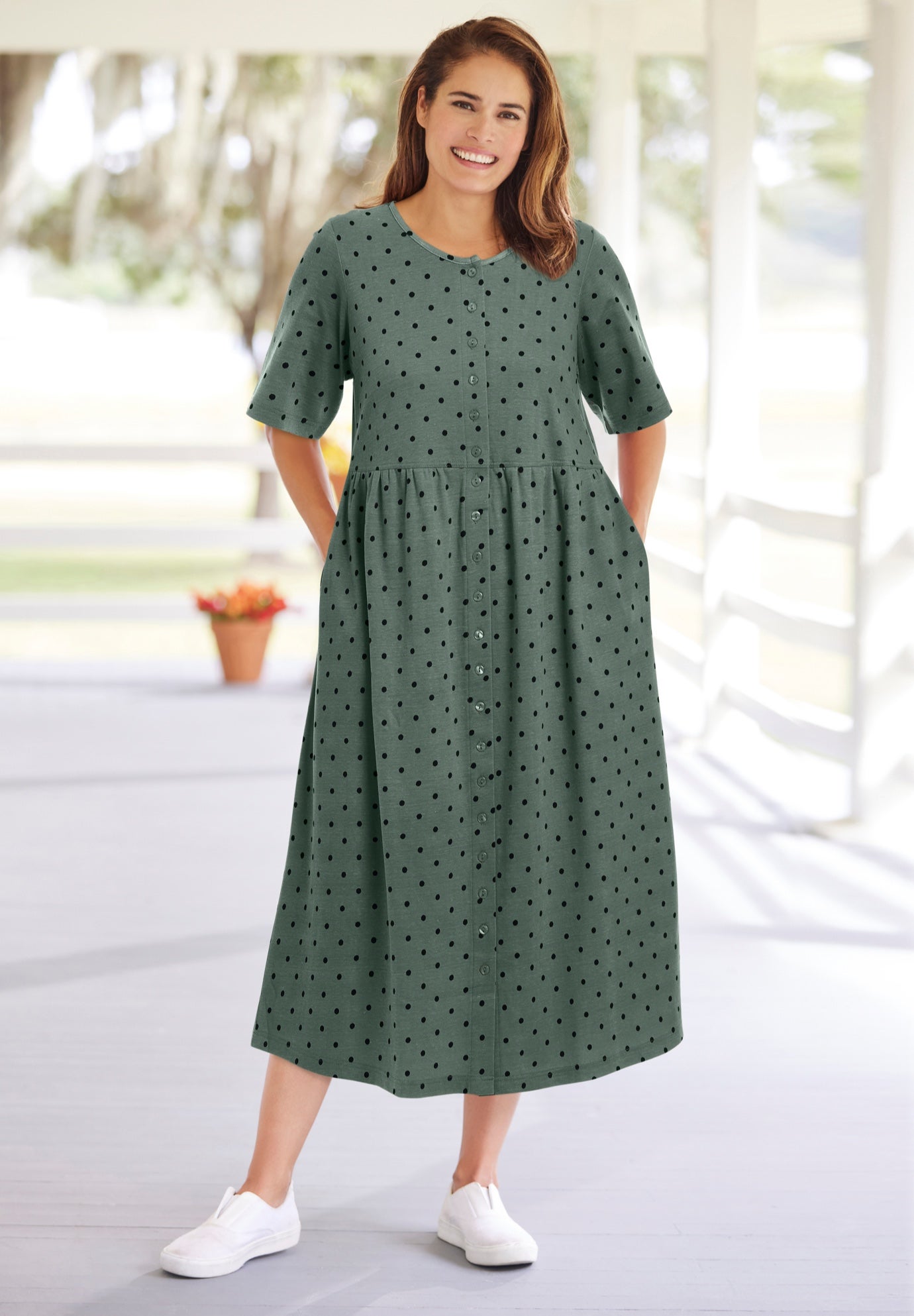 Button-Front Elbow-Sleeve Knit Dress image number 0