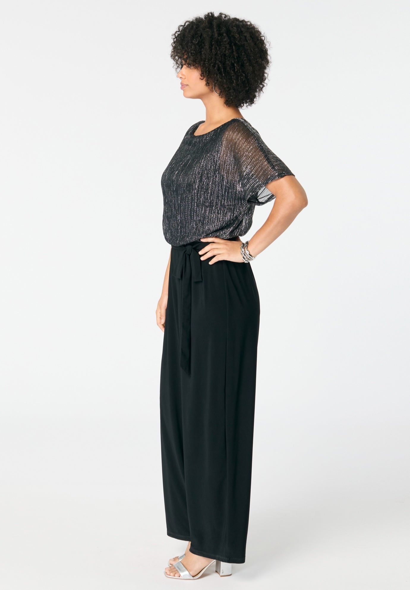 Plus-Size Short Sleeve Lurex Blouson Jumpsuit image number 2