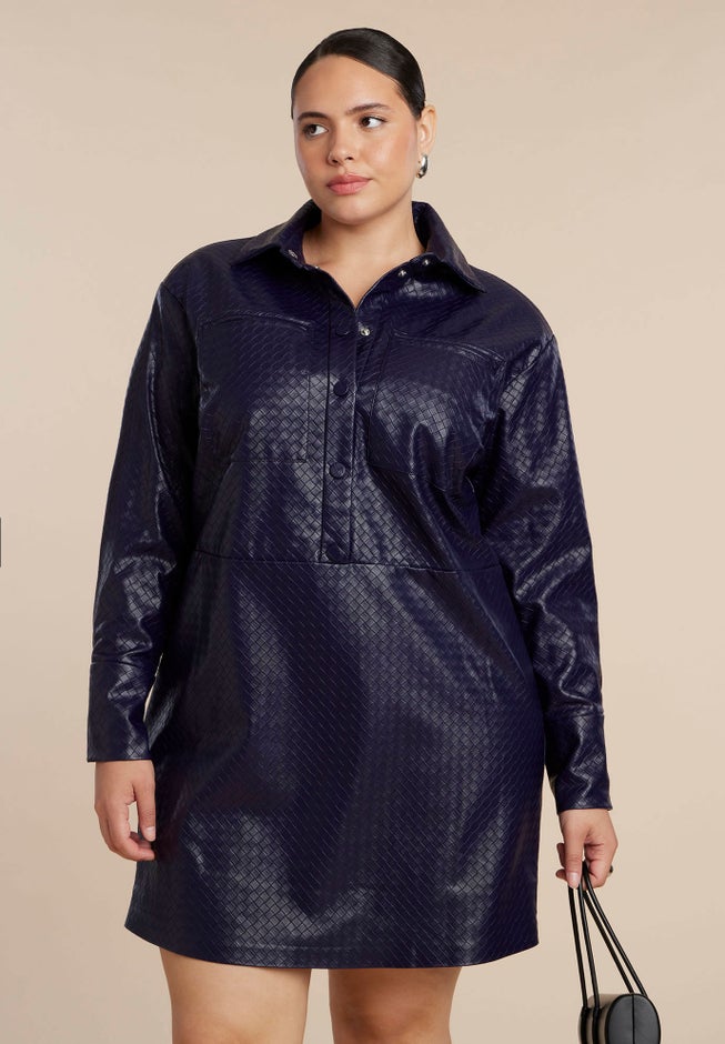 Woven Faux Leather Mini Shirt Dress image number 4