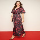 Stretch Satin Faux Wrap Dress image number null