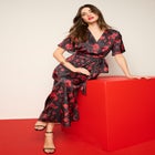 Stretch Satin Faux Wrap Dress image number null