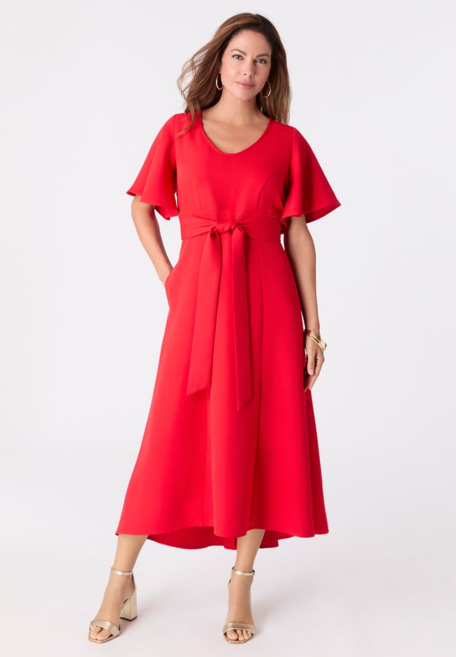 Plus Size Flutter Sleeve V-Neck Fit and Flare Bi-stretch Maxi Dress image number 1
