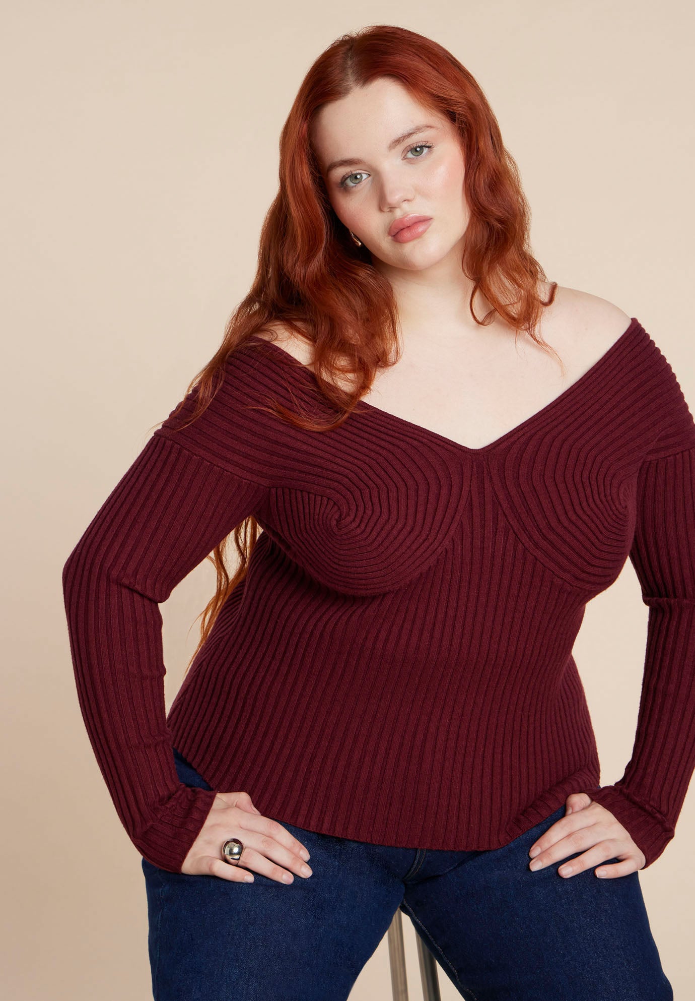Bust-Stitch Off The Shoulder Sweater image number 0