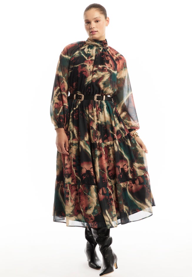 Mock-Neck Chiffon Midi Dress image number 2