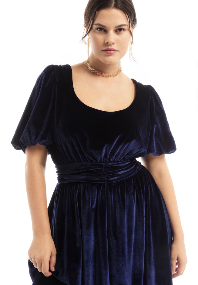 Puff Sleeve Stretch-Velvet Midi Dress image number 2