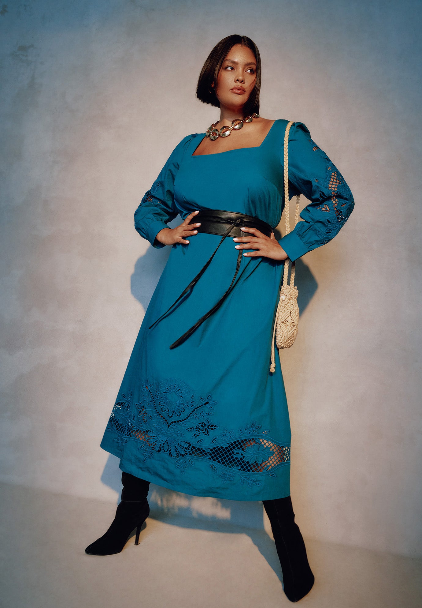 Puff Sleeve Poplin Midi Dress image number 0