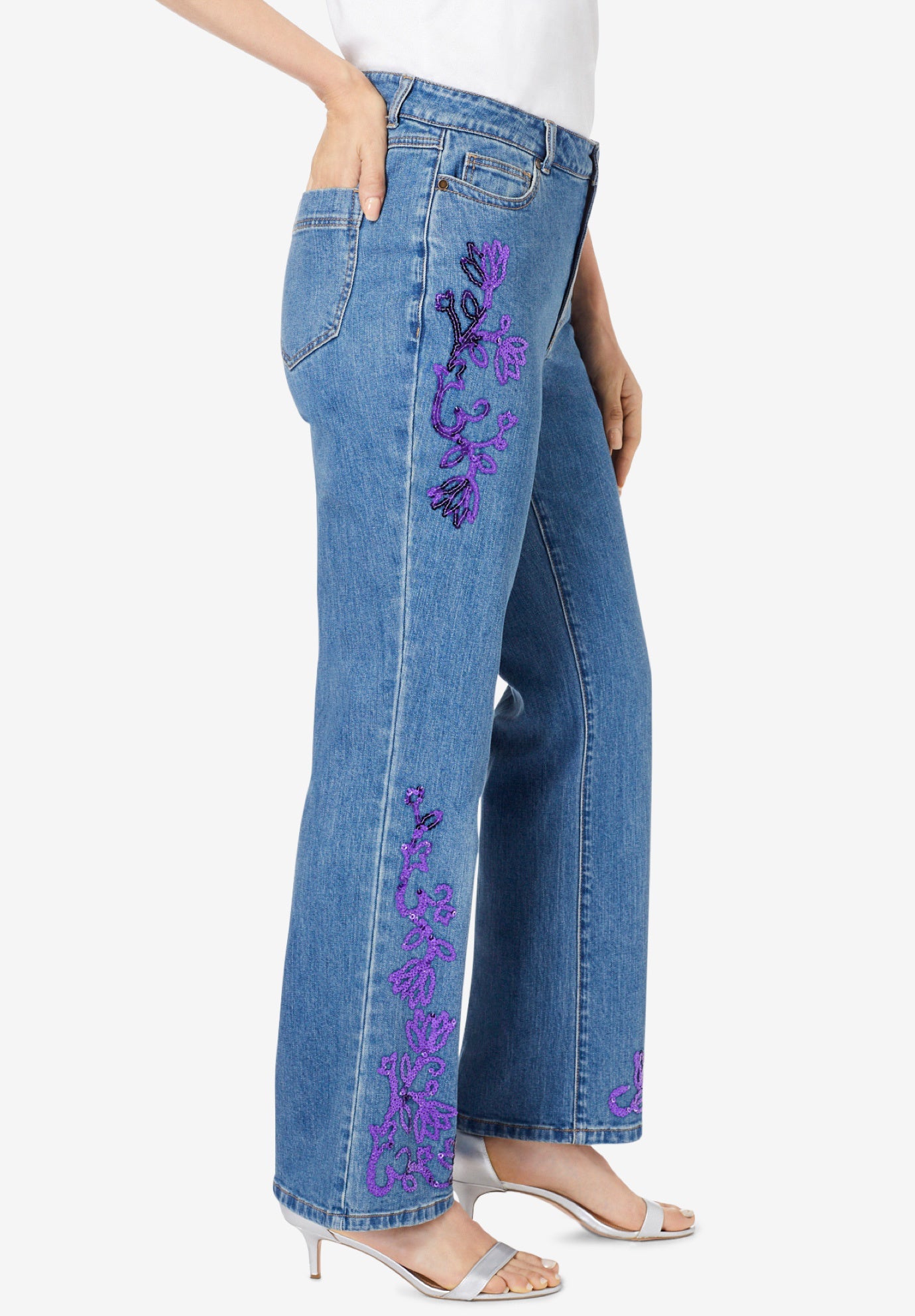 Plus Size Invisible Stretch® Iconic Sequin-Embellished Bootcut Jean image number 2
