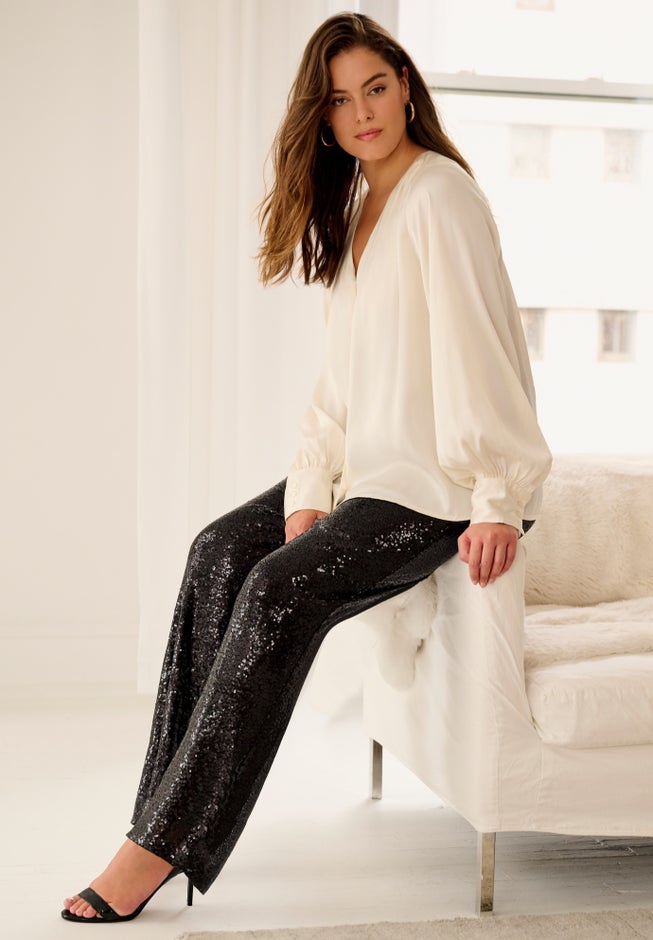 Satin Blouson Sleeve Button Front Blouse image number 2