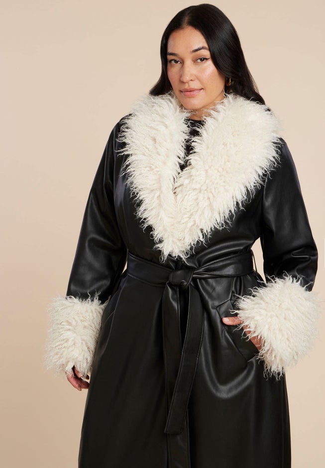 Faux Leather Coat With Fur Trim image number 3