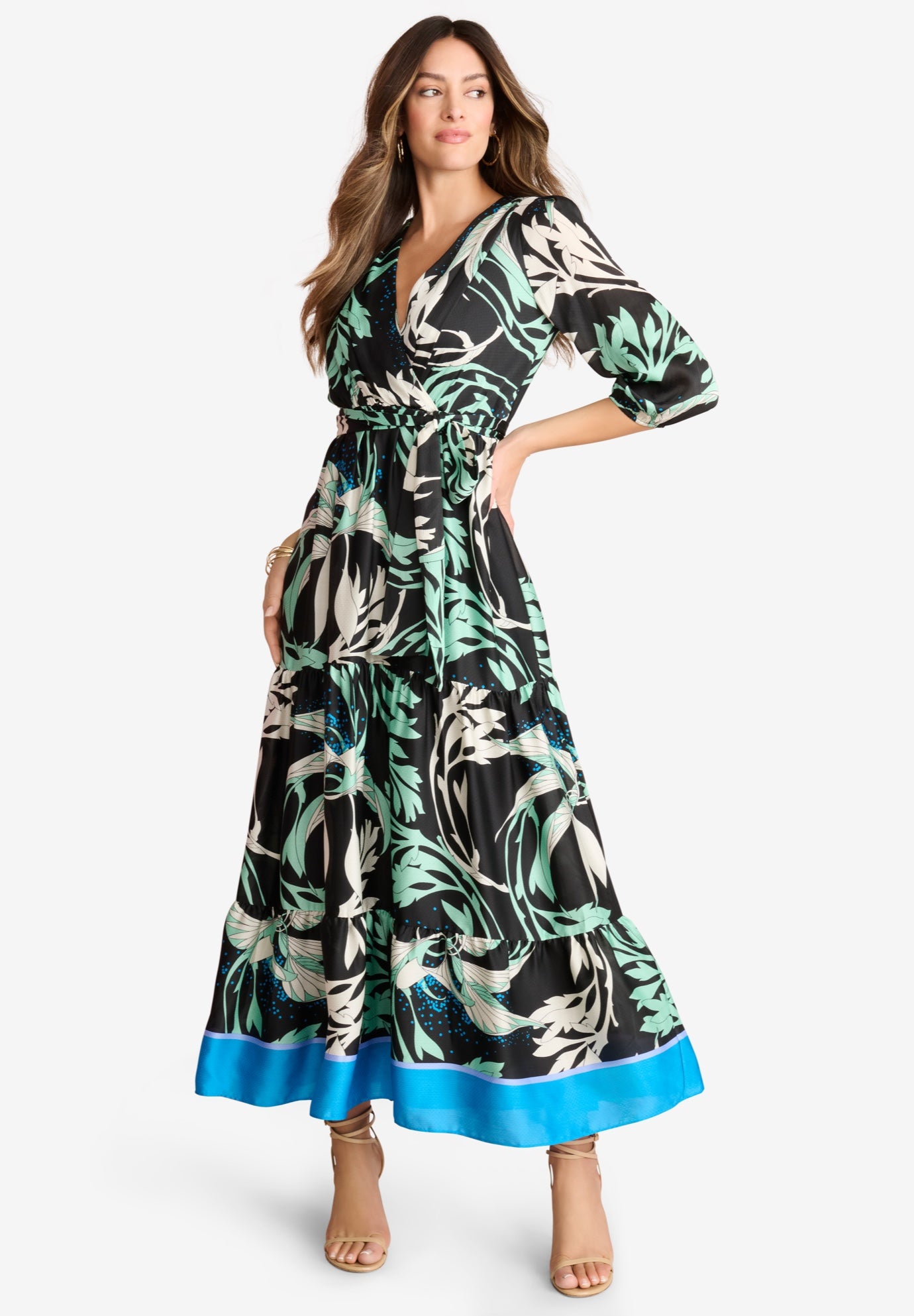 Blouson Sleeve Faux Wrap Maxi Dress image number 3