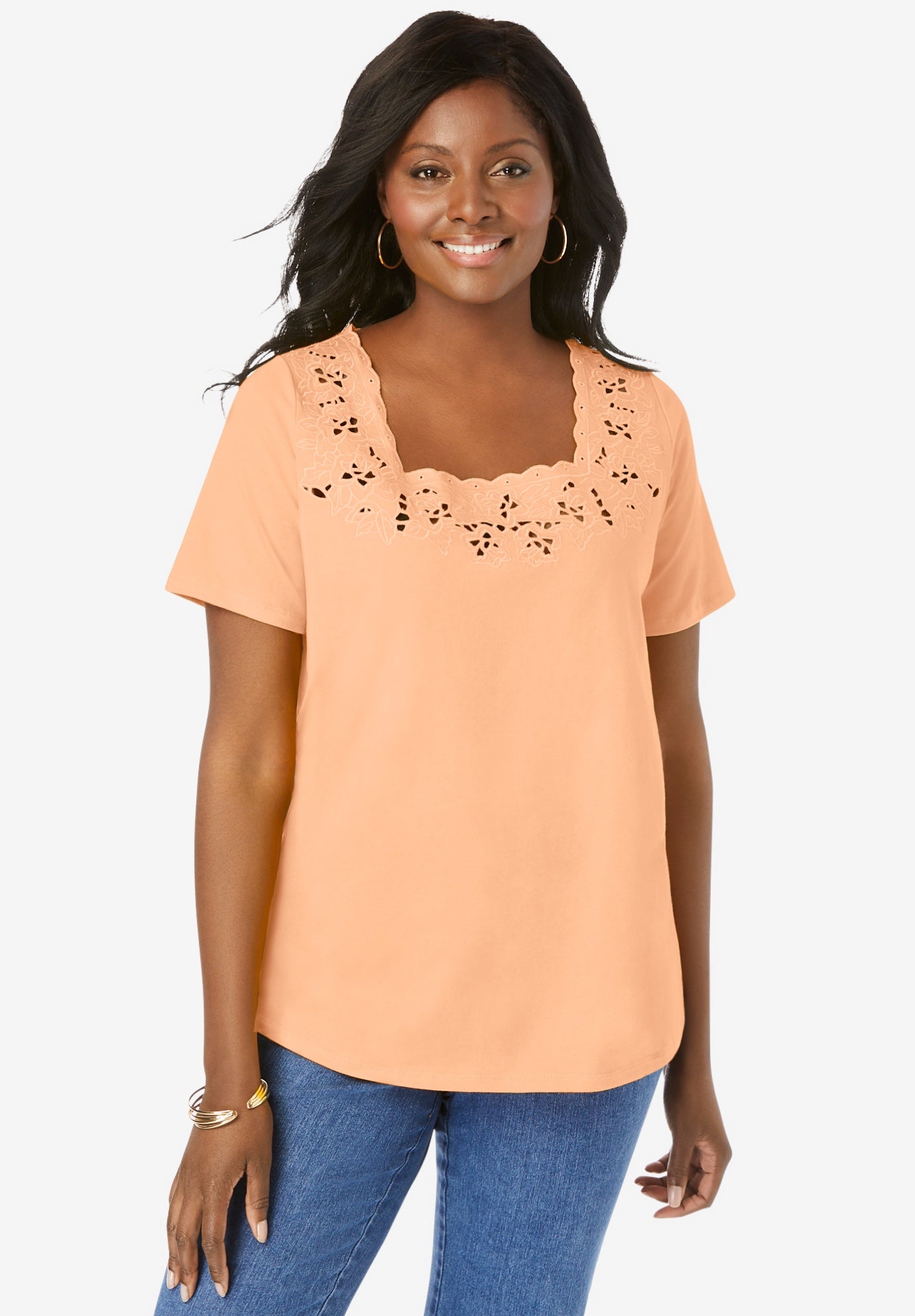 Stretch Cotton Eyelet Cutout Tee image number 0