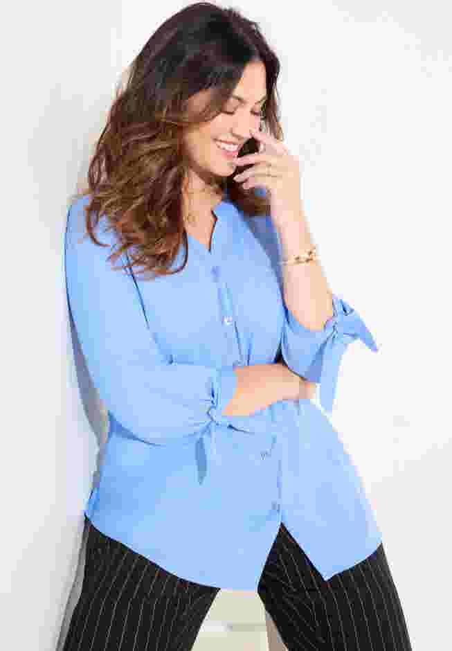 Georgette Buttonfront Tie Sleeve Cafe Blouse image number 9