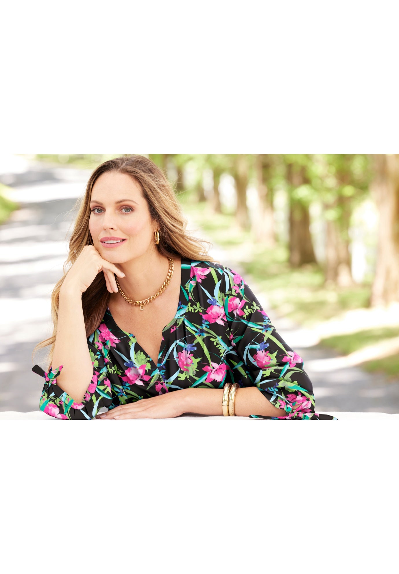 Georgette Buttonfront Tie Sleeve Cafe Blouse image number 2