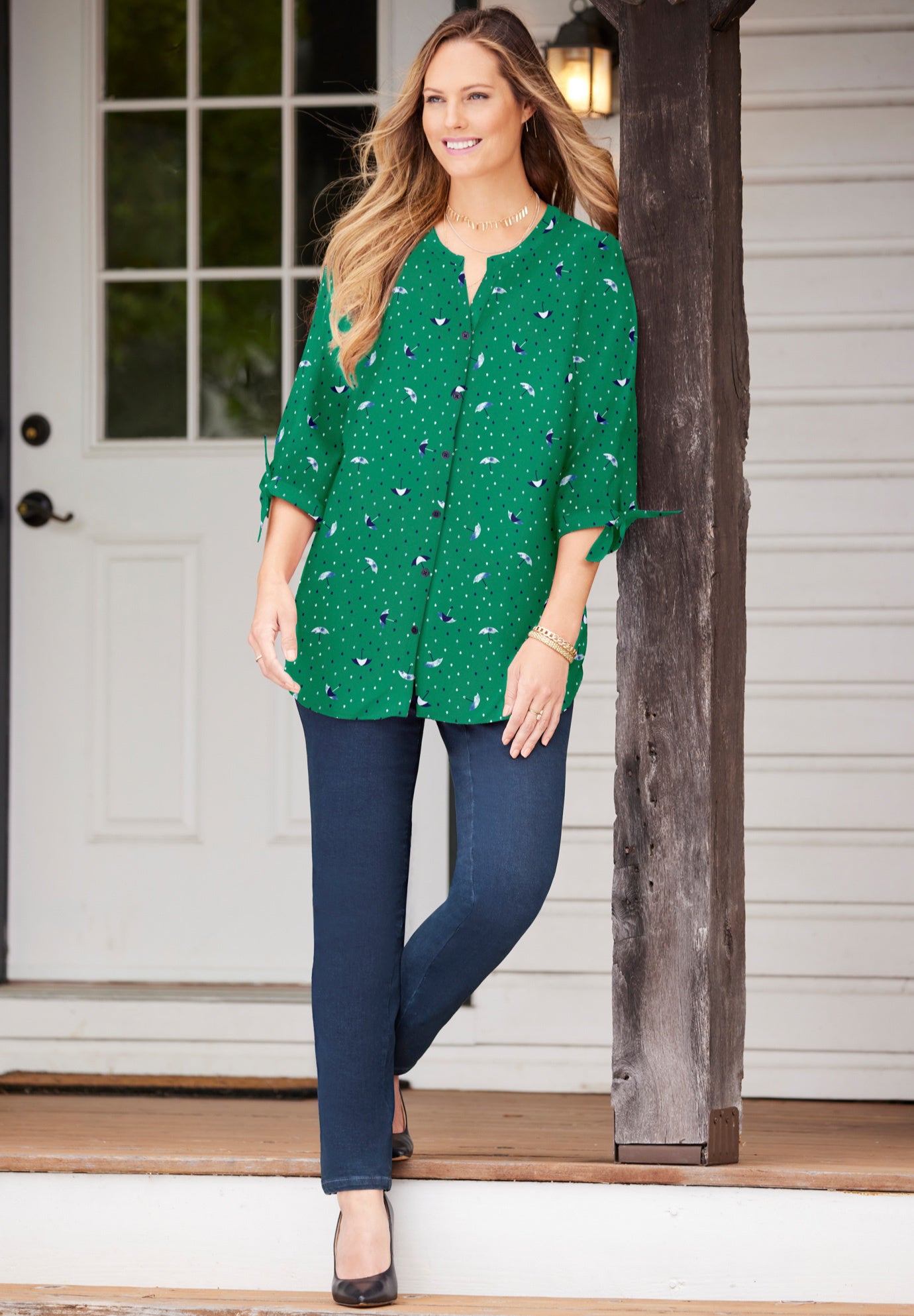 Georgette Buttonfront Tie Sleeve Cafe Blouse image number 4