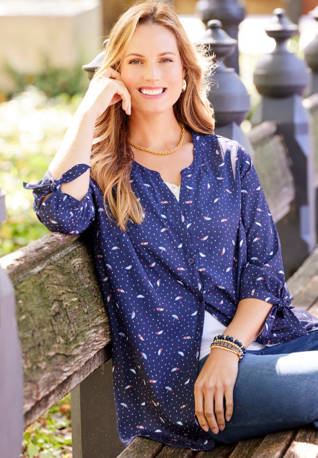 Georgette Buttonfront Tie Sleeve Cafe Blouse image number 6