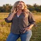 Georgette Buttonfront Tie Sleeve Cafe Blouse image number 1