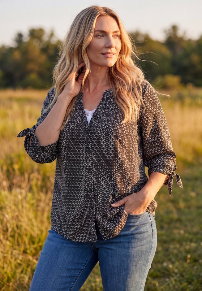Georgette Buttonfront Tie Sleeve Cafe Blouse image number 1