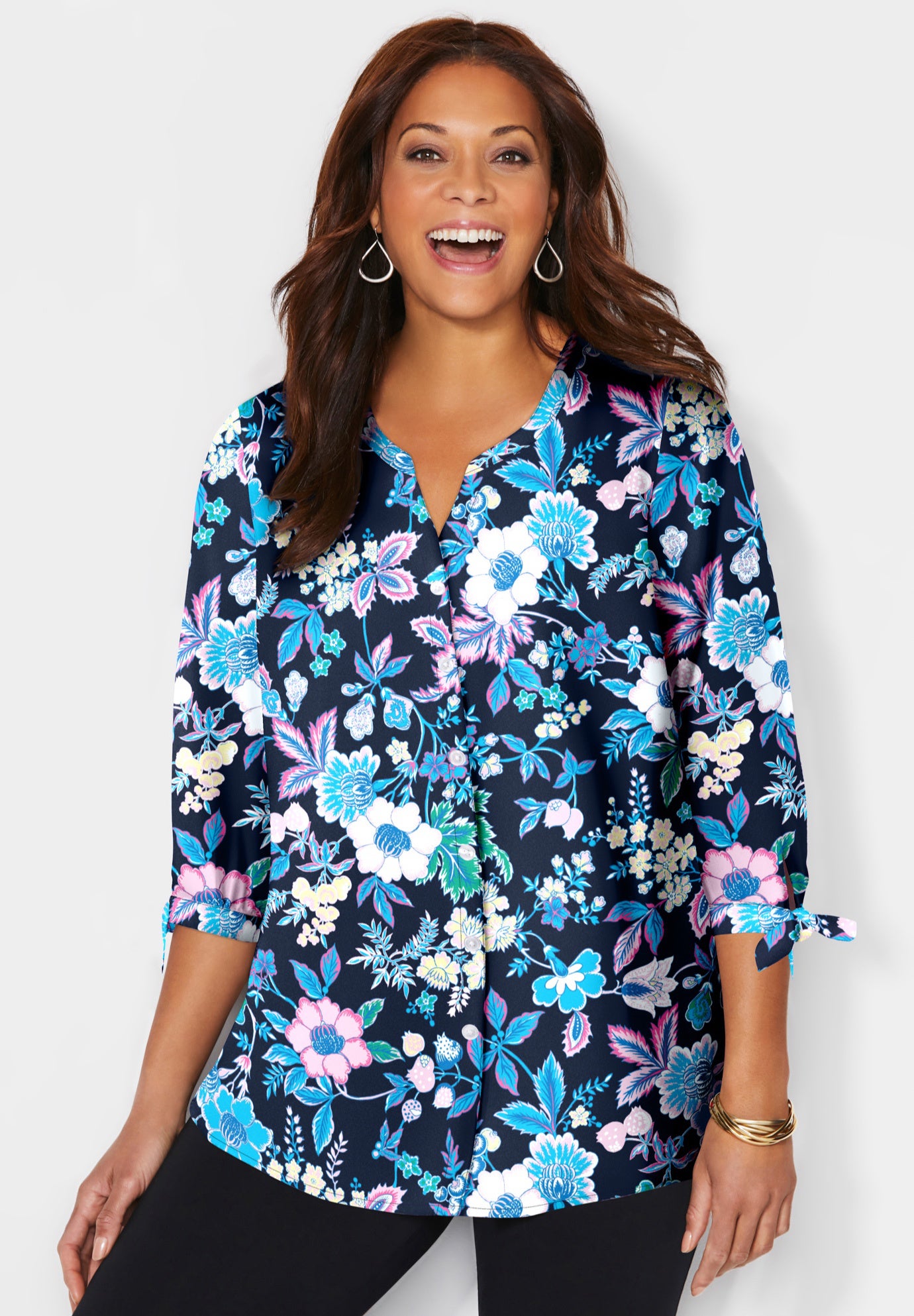 Georgette Buttonfront Tie Sleeve Cafe Blouse image number 0