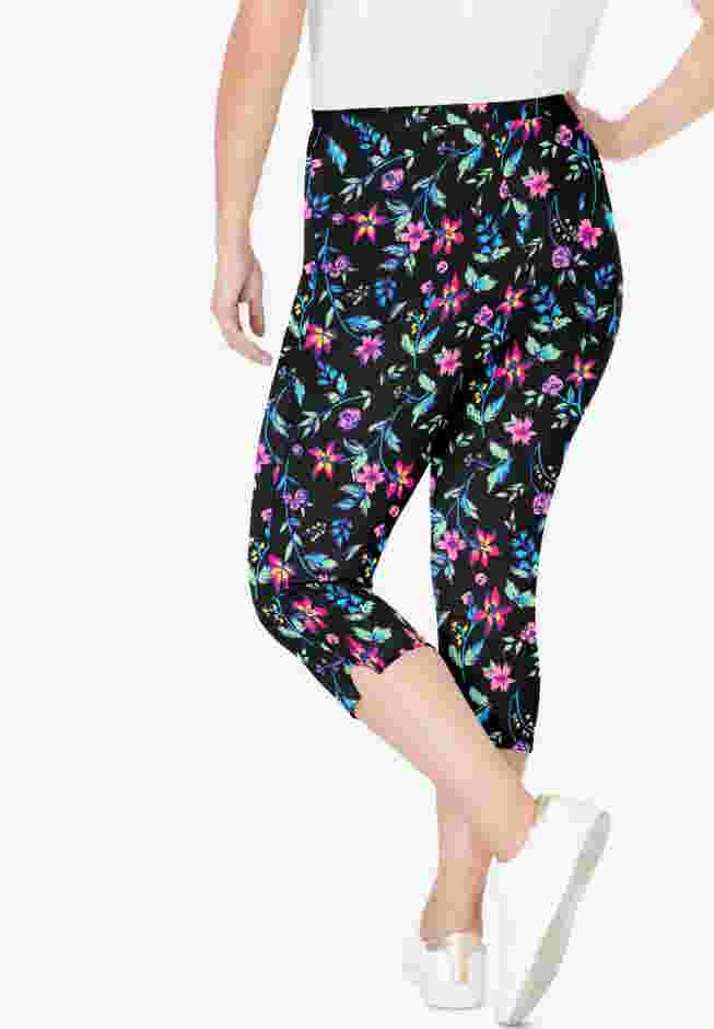 Womens Plus-Size Stretch-Cotton Knit Pull-On Printed Capri Leggings image number 1
