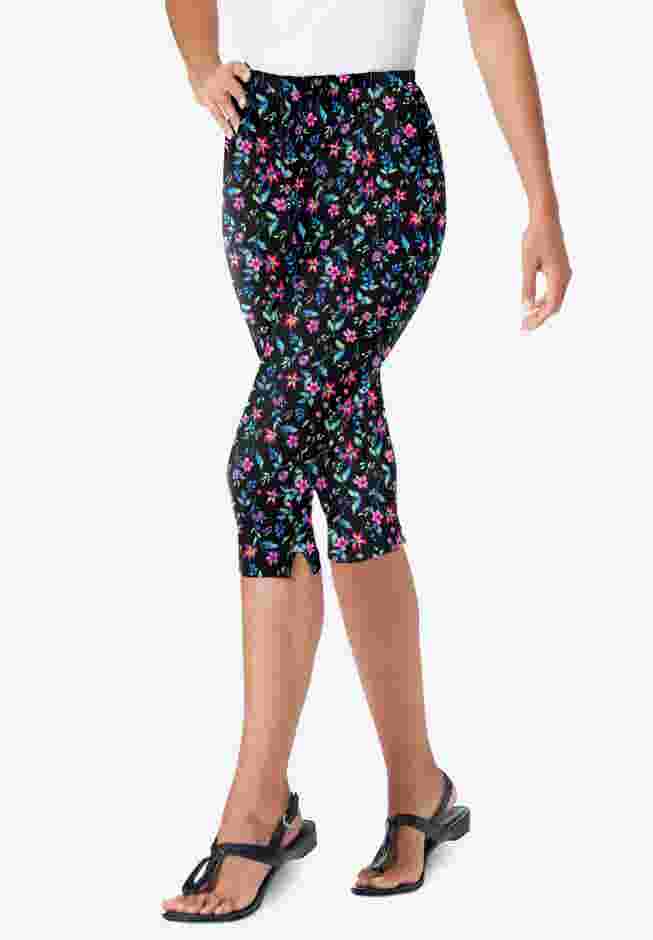 Womens Plus-Size Stretch-Cotton Knit Pull-On Printed Capri Leggings image number 0
