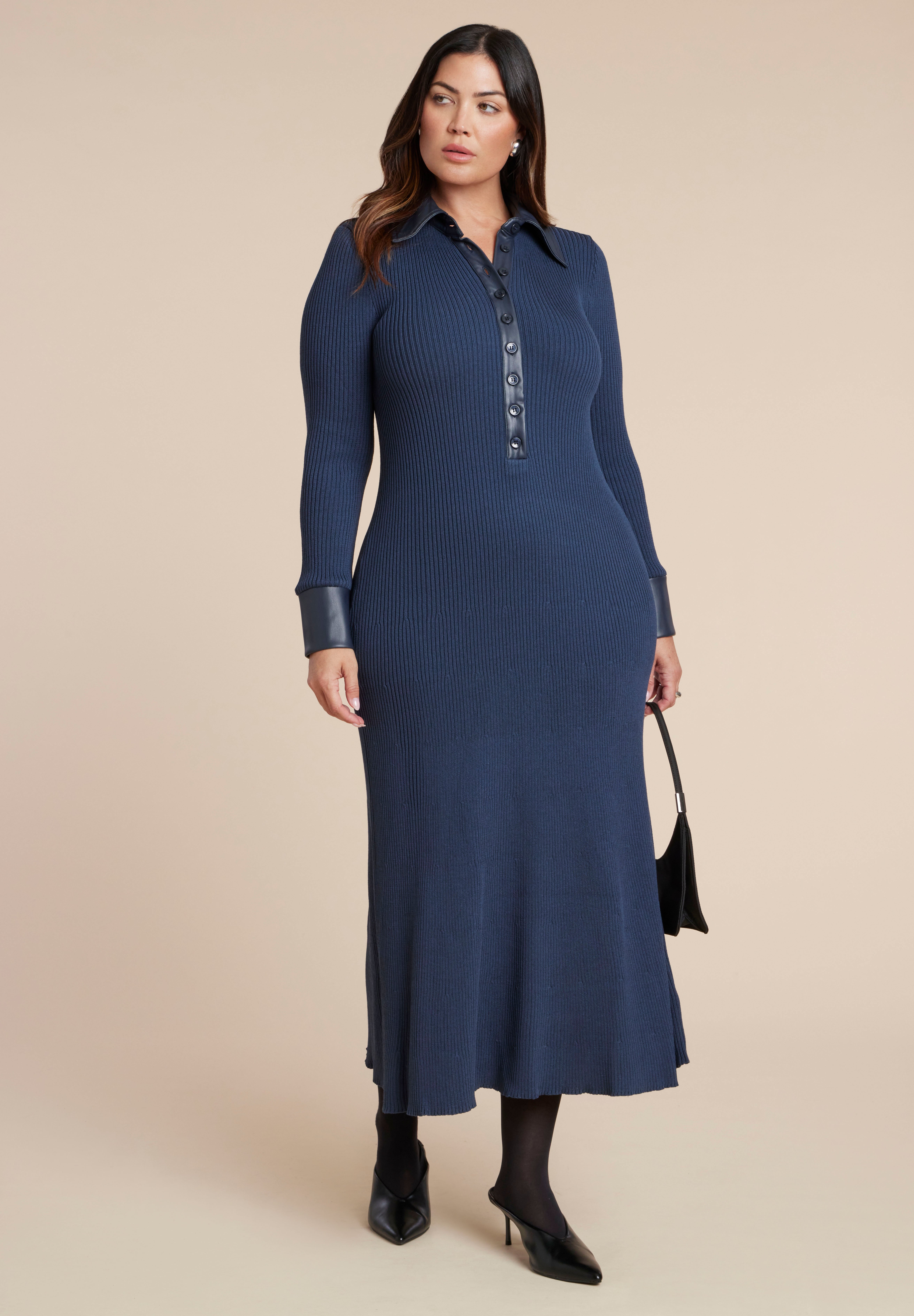 Faux Leather Detail Sweater Dress image number 0