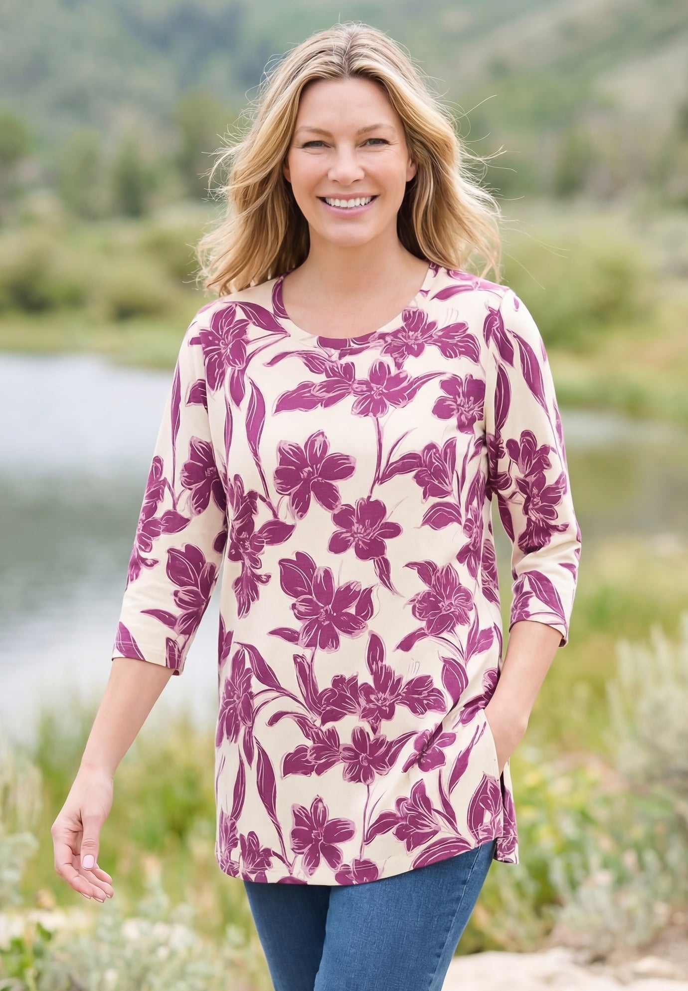 Perfect Printed Three-Quarter-Sleeve Scoopneck Tunic image number 0