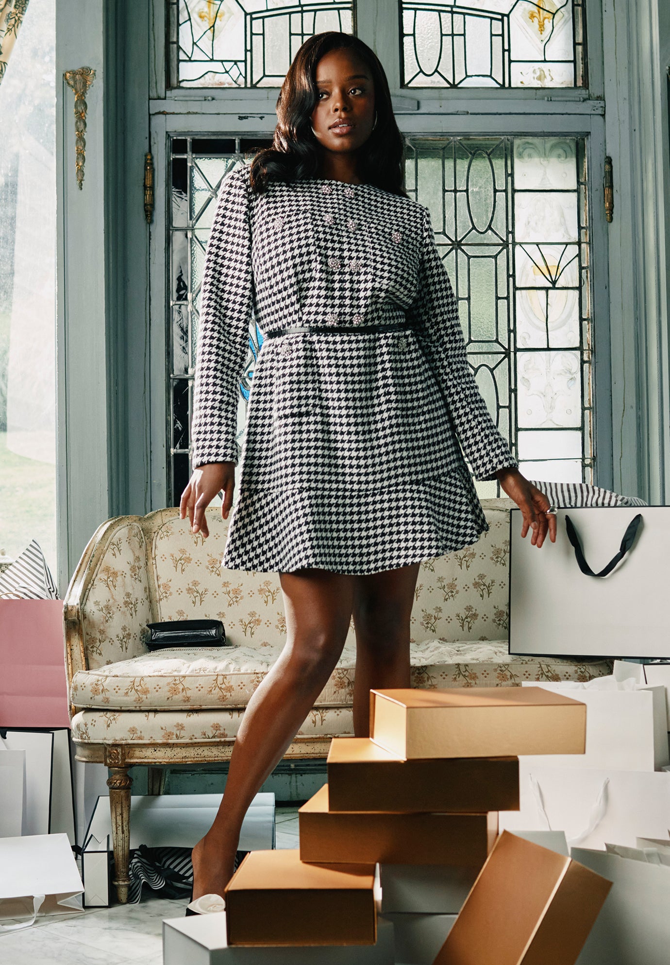 Rhinestone Button Tweed Mini Dress image number 0