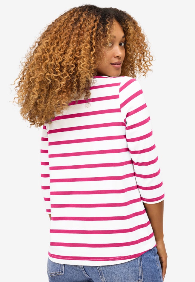 Cotton Spandex Jersey Boatneck Three-Quarter Sleeve Top image number 1