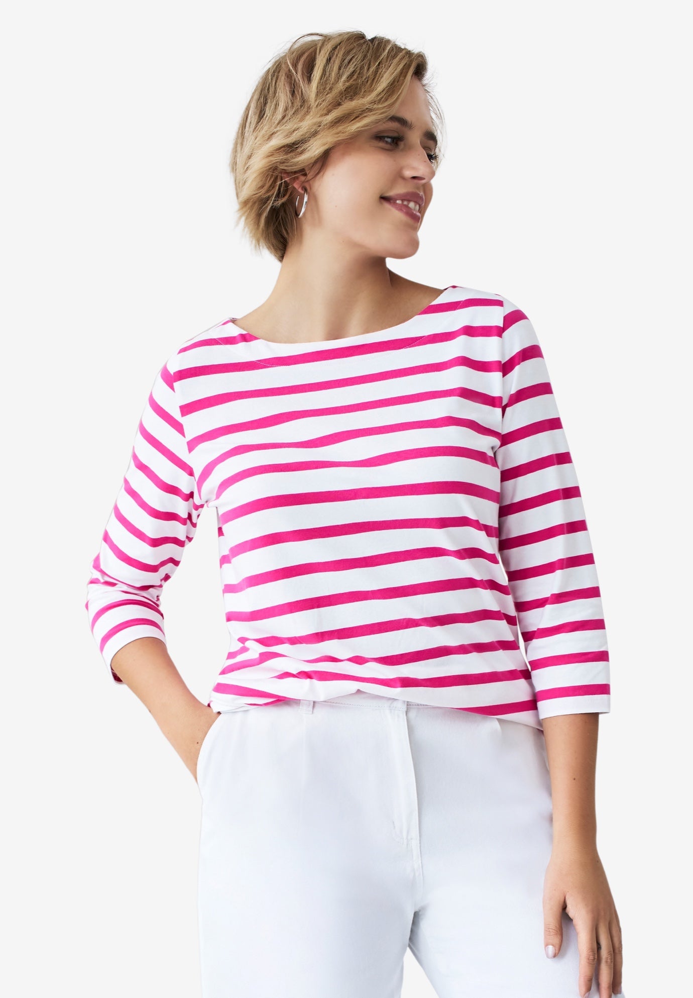 Cotton Spandex Jersey Boatneck Three-Quarter Sleeve Top image number 0
