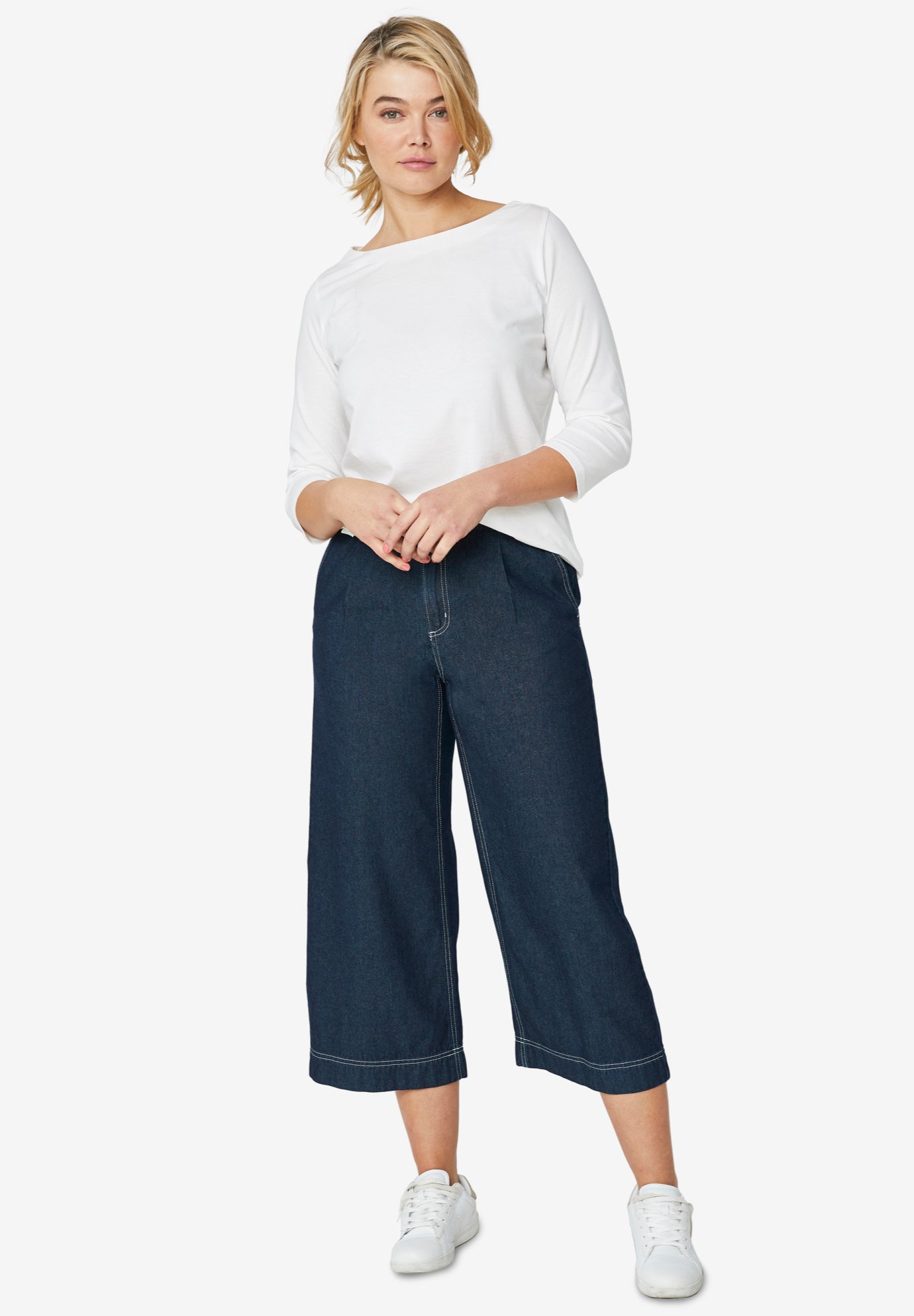 Cotton Spandex Jersey Boatneck Three-Quarter Sleeve Top image number 0