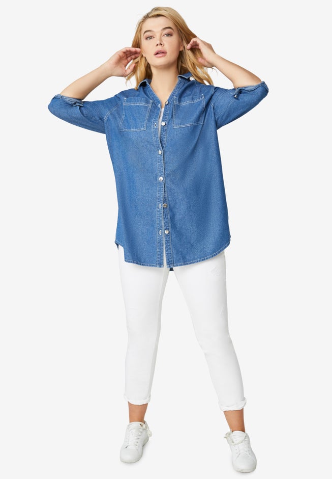 Denim Button-Front Tunic image number null