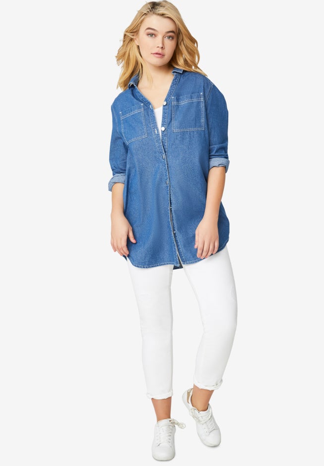 Denim Button-Front Tunic image number null