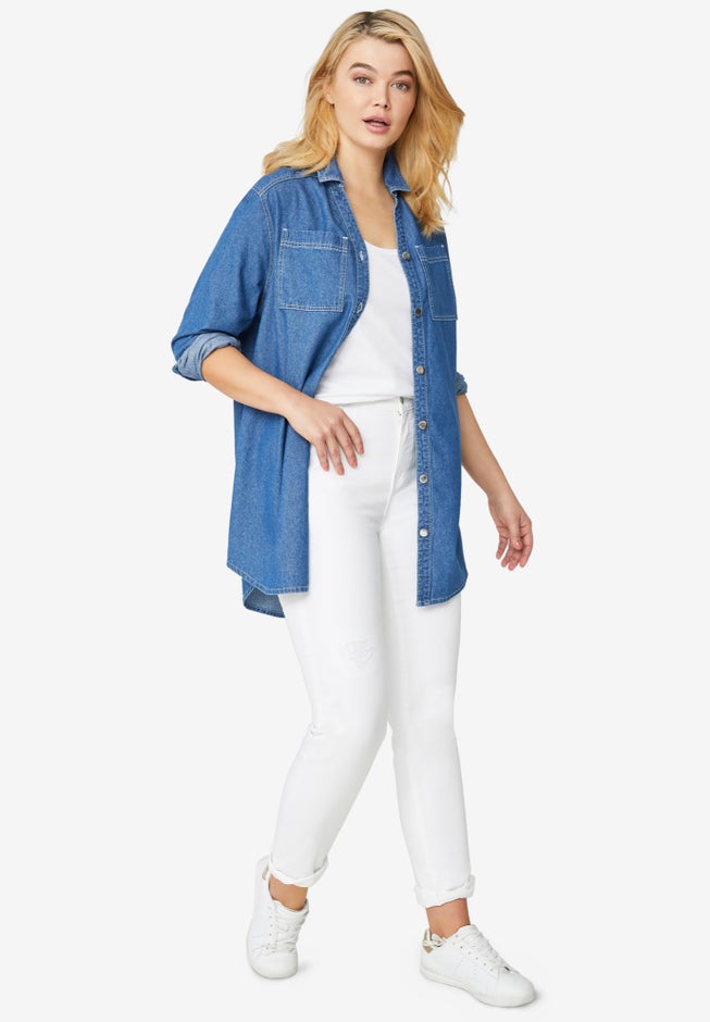 Denim Button-Front Tunic image number null