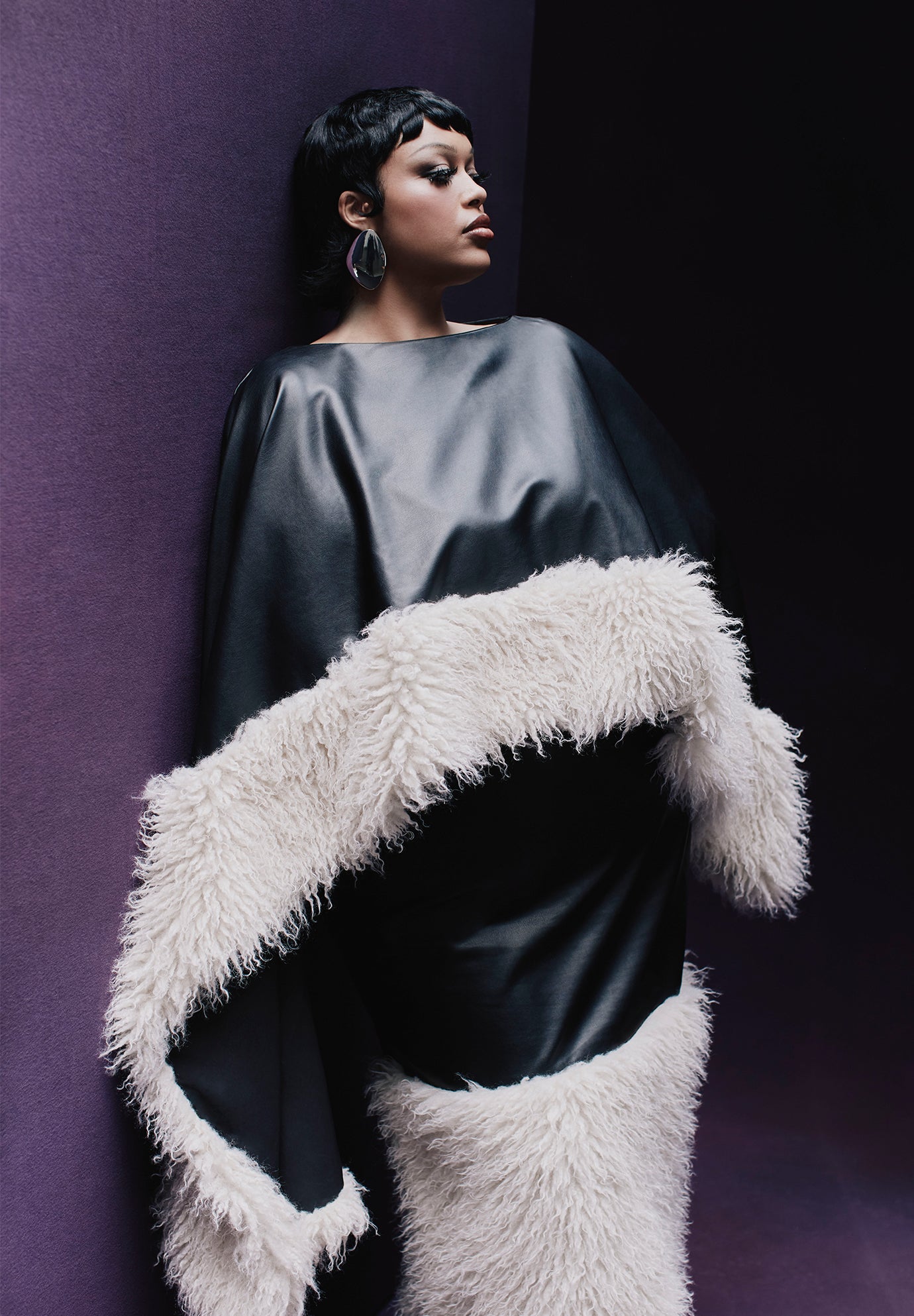 Faux Leather Cape With Faux Fur Trim image number 0