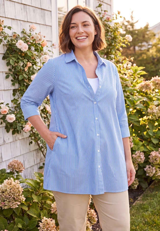 A-Line Button Front Longer Length Tunic with Pockets image number 2