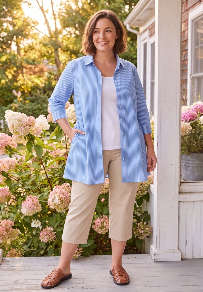 A-Line Button Front Longer Length Tunic with Pockets image number 1