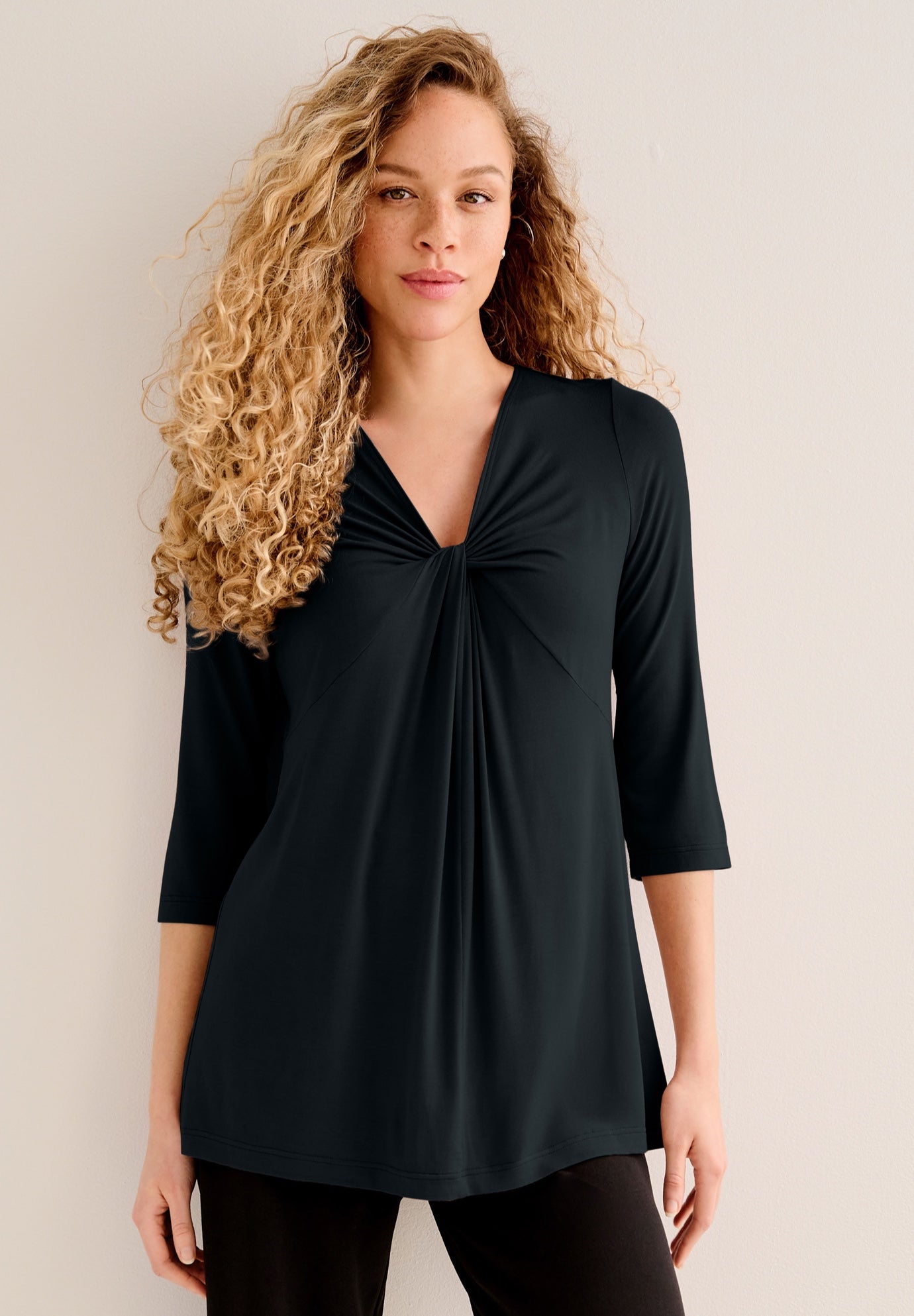 Stretch Knit V-neck 3/4 Sleeve Knot Front Tunic image number 0